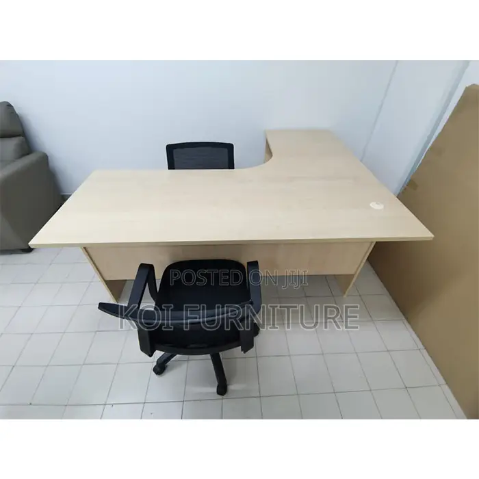 Office Desk : Light Wood Finish L-Shaped Office Desk Three Drawers -