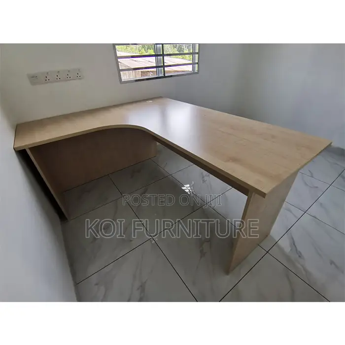 Office Desk : Light Wood Finish L-Shaped Office Desk Three Drawers -