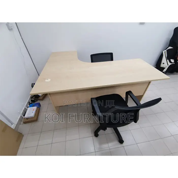 Office Desk : Light Wood Finish L-Shaped Office Desk Three Drawers -
