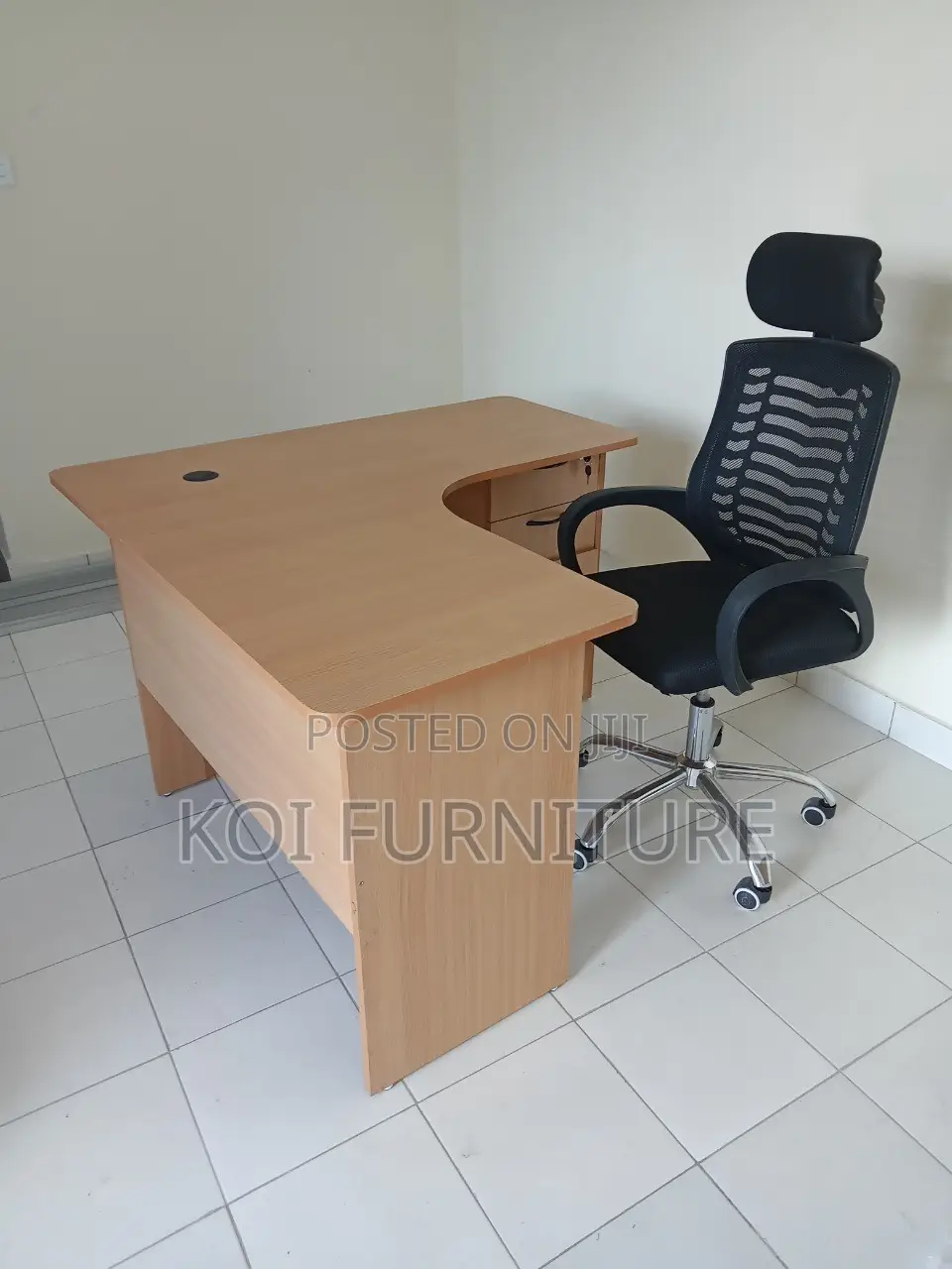 Office Desk : Light Wood Finish L-Shaped Office Desk Three Drawers -