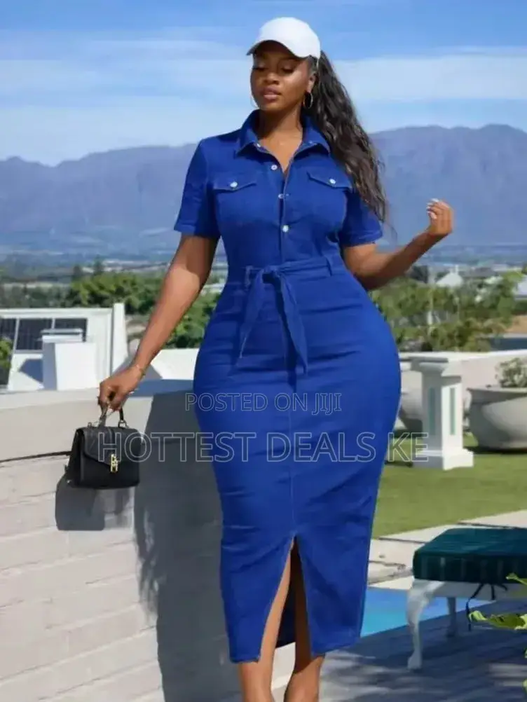 Fashionable Blue Denim Maxi Dress Designed With a Collared Neckline