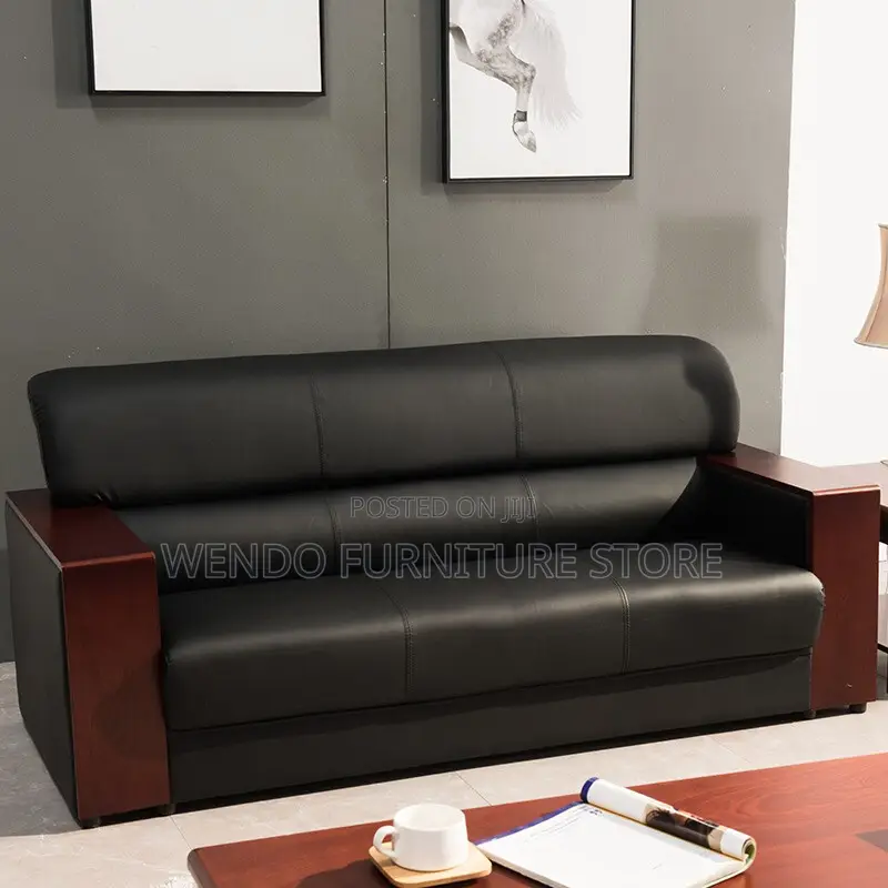 Office Sofa : Black 5-Seater Leather Executive Office Sofa Set