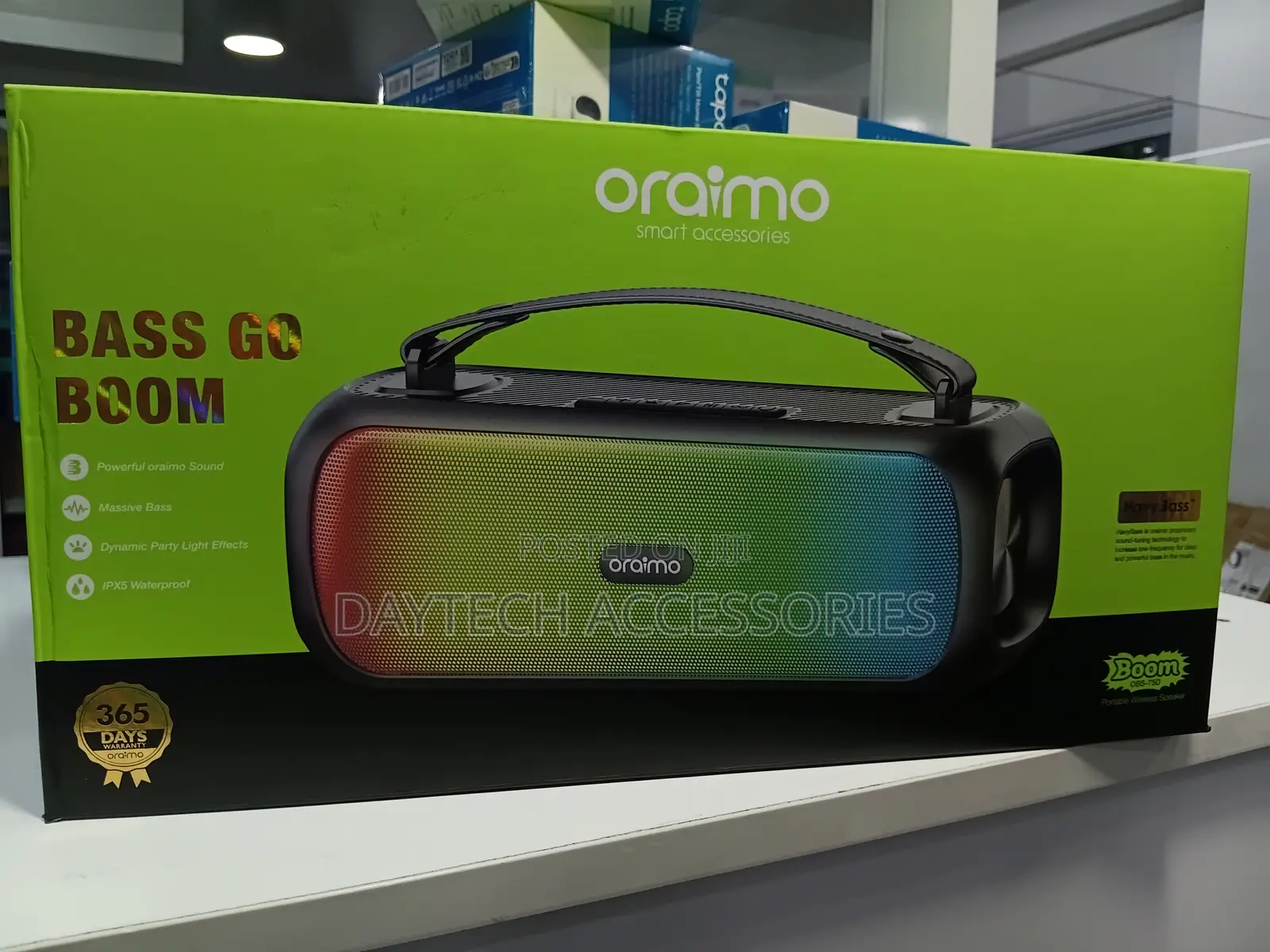 Oraimo Bass Go Boom Portable Bluetooth Speaker With RGB Lighting.
