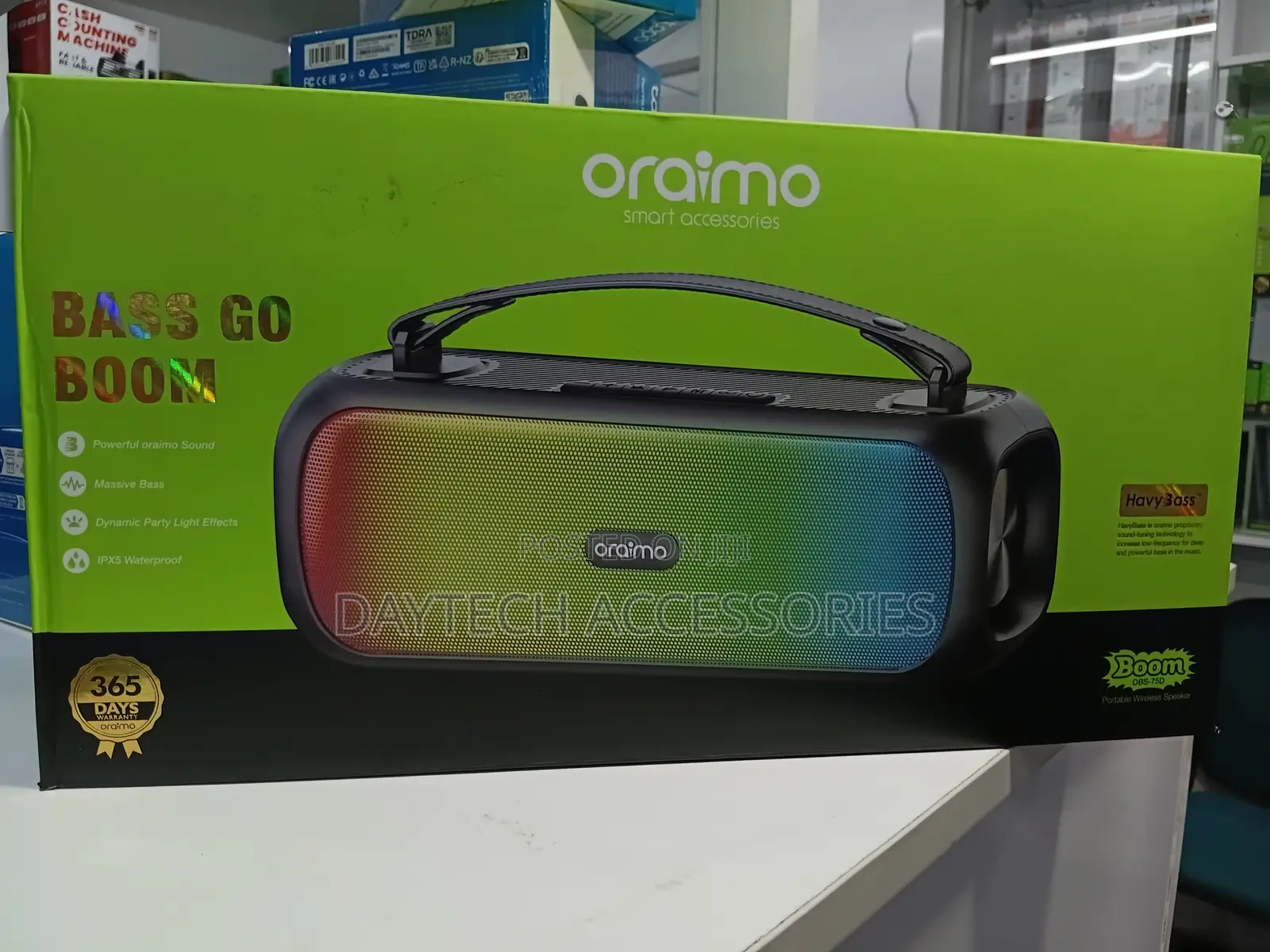 Oraimo Bass Go Boom Portable Bluetooth Speaker With RGB Lighting.