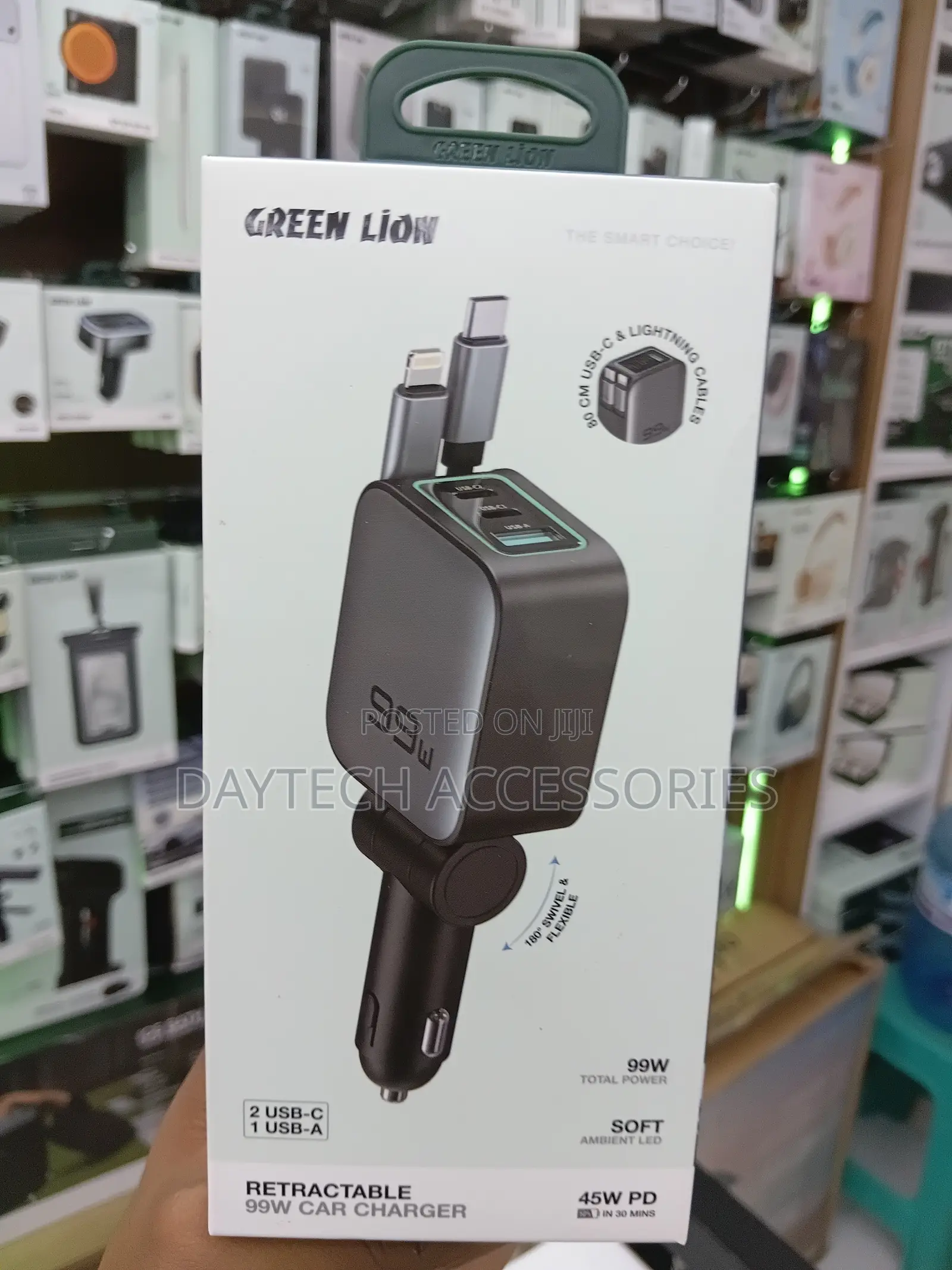 Green Lion Retractable 99w Car Charger Pd 45w - Black
