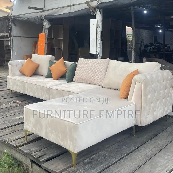 Luxurious Beige L-Shaped Sectional Sofa With Gold Legs