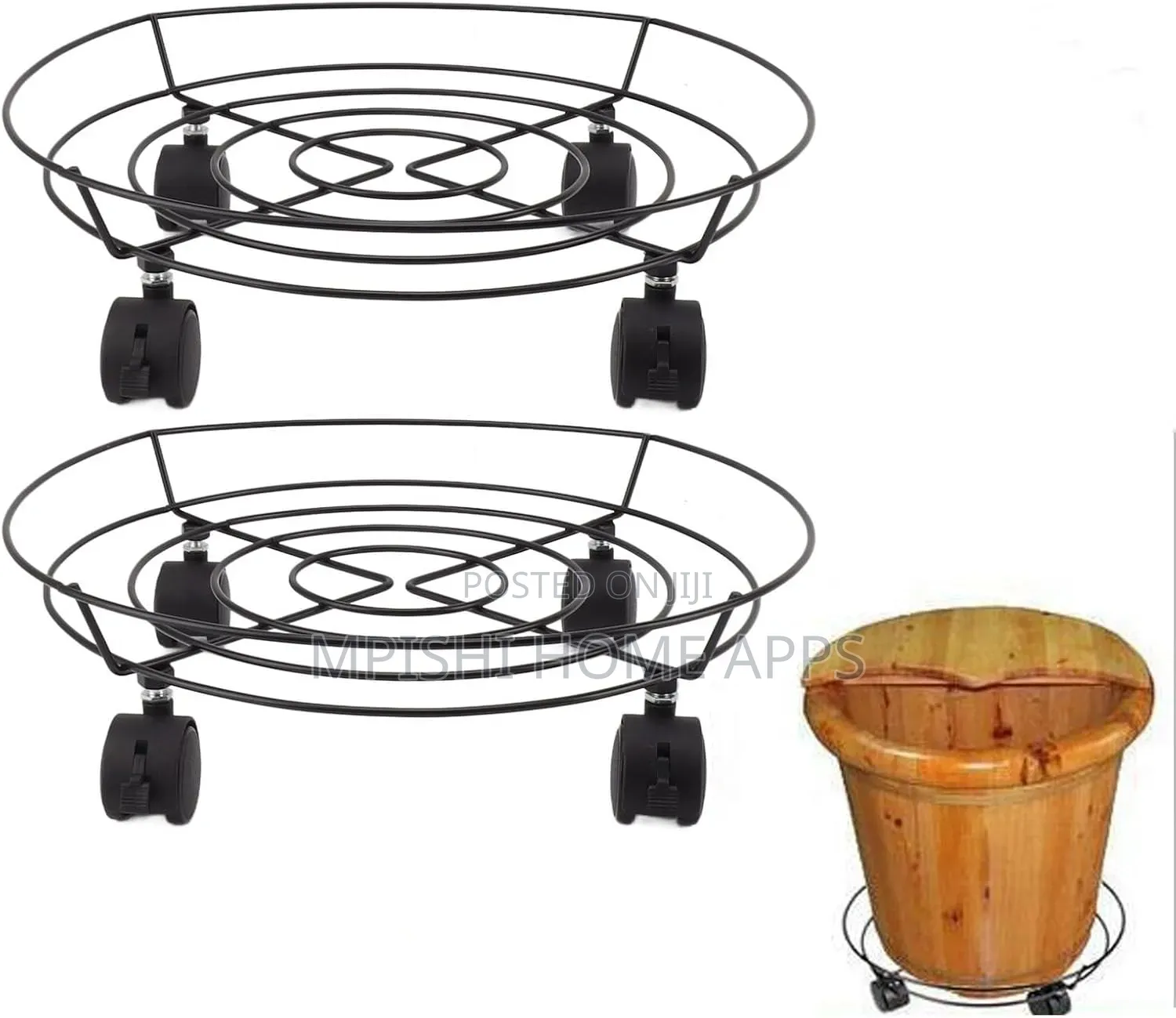Black Metal Plant Stand Trolley With Rolling Wheels.