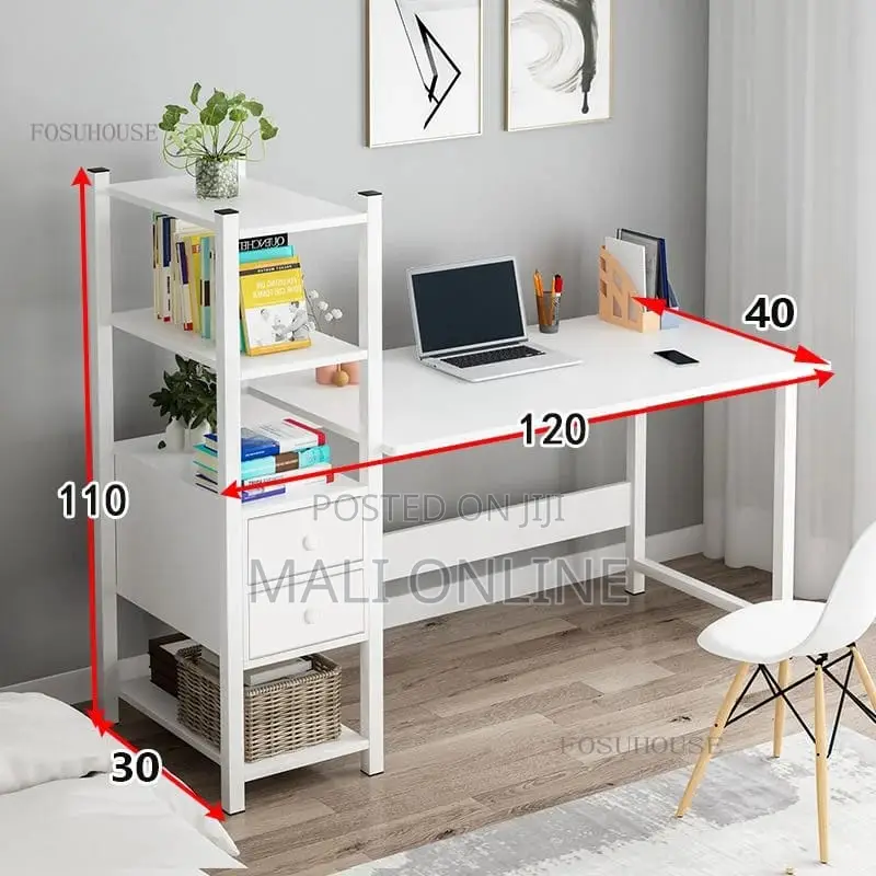 Minimalist Workstation Desk 1.2m White Study Table With Shelves