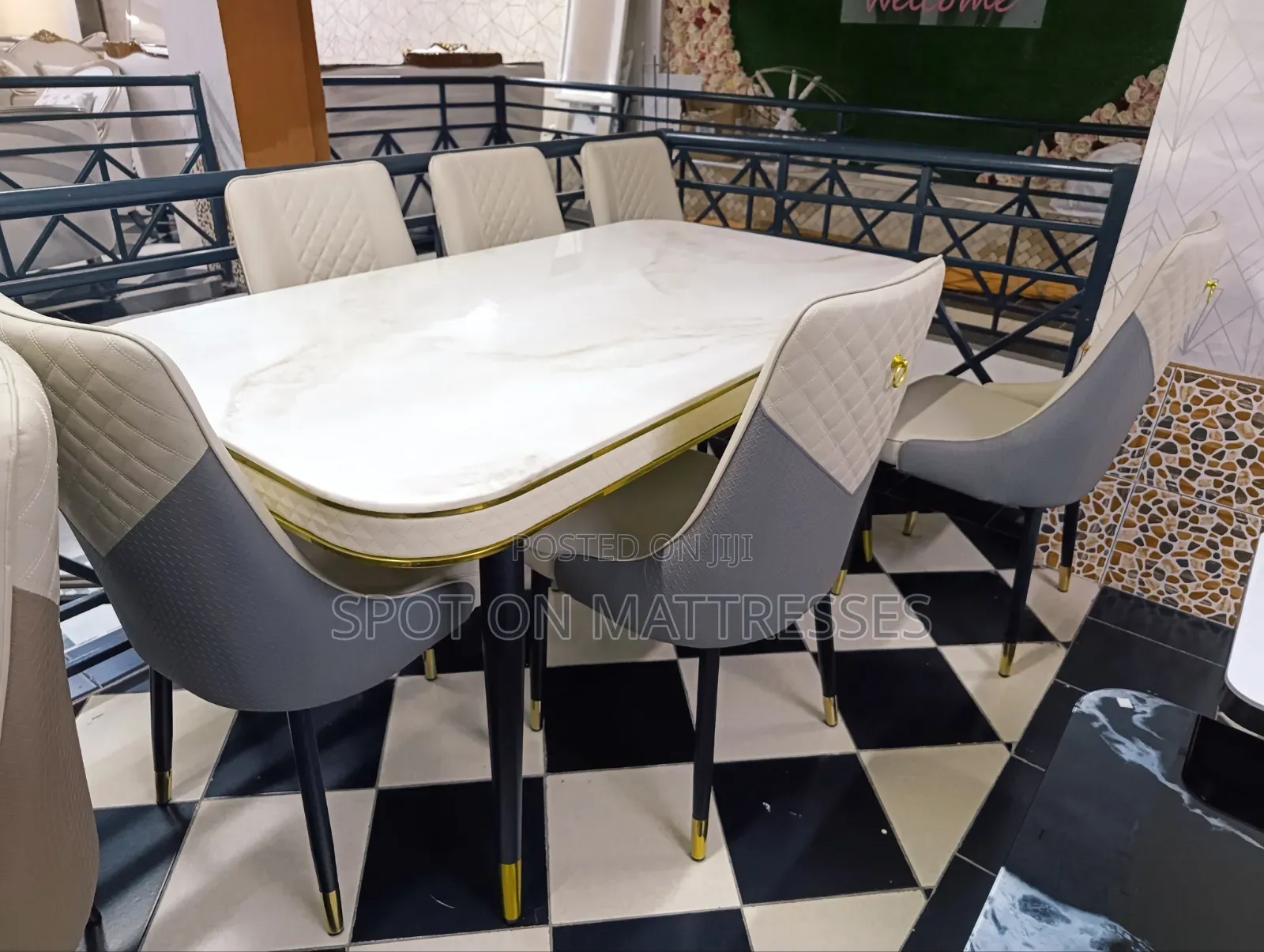 Top-Tier Dining Table Set. Marble Top Table + 6 Leather Seats.