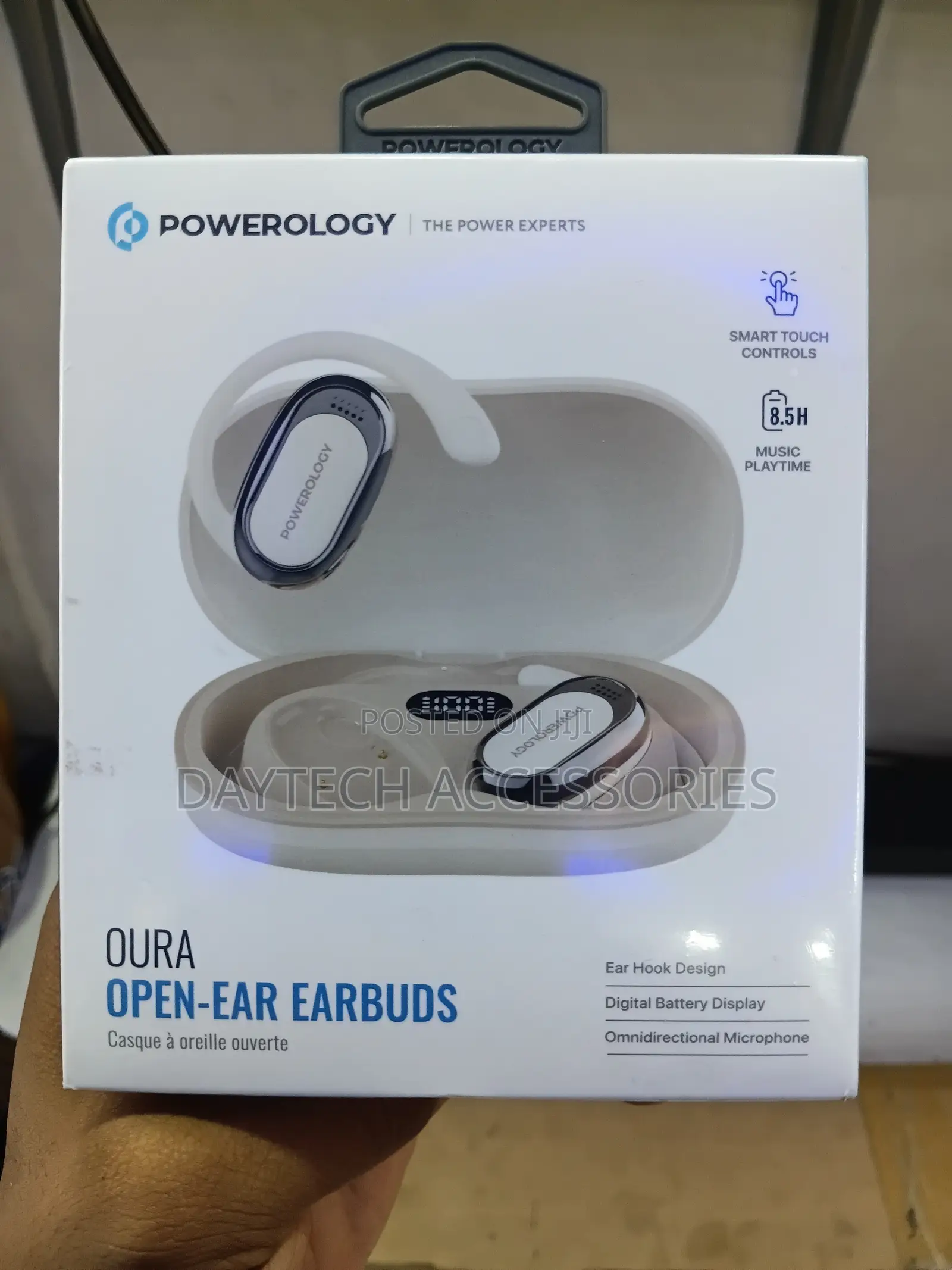 Powerology Oura Open-Ear Earbuds Set With a White Charging Case.