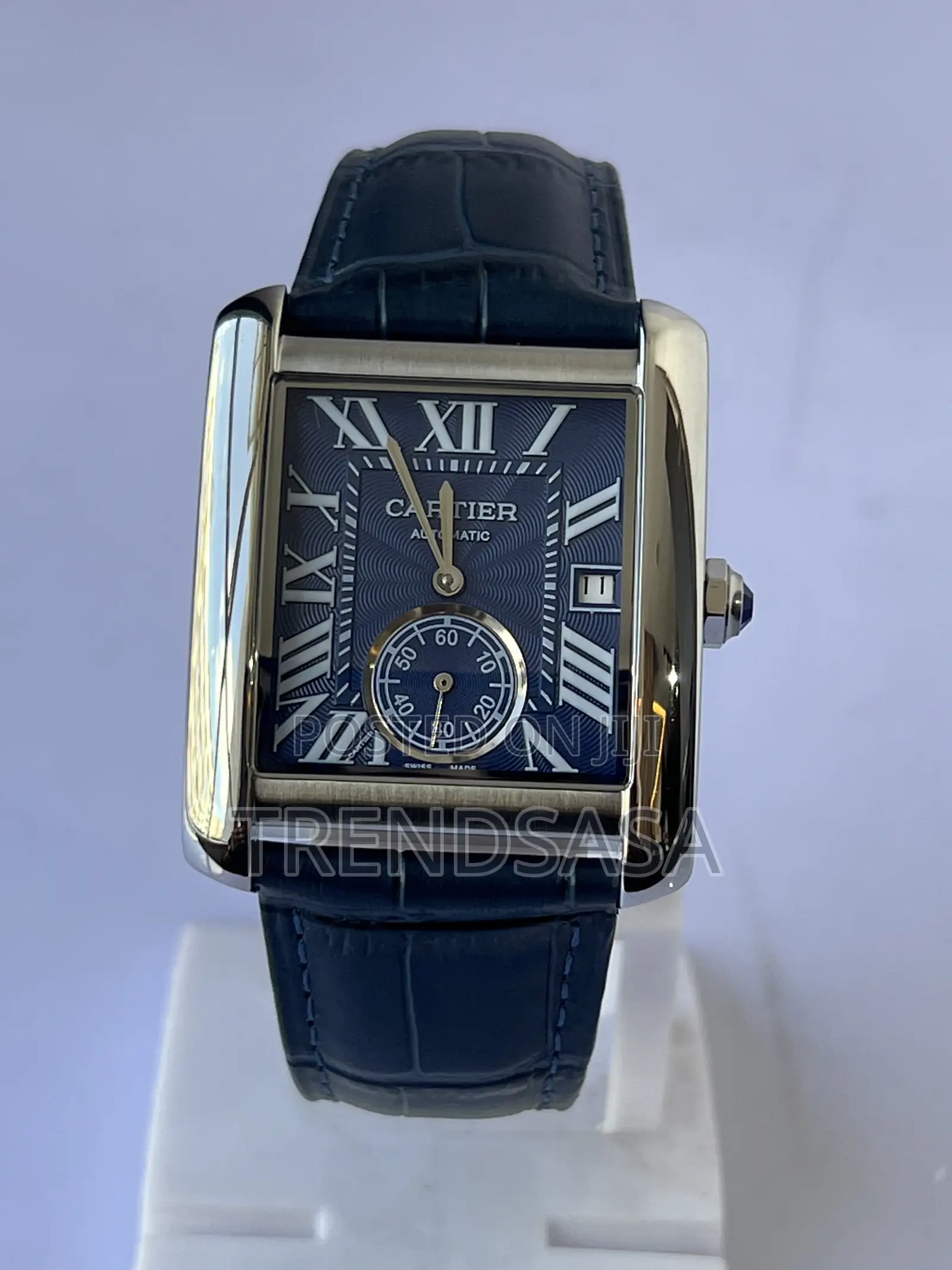 Cartier Tank Blue Dial Navy Blue Leather Straps Stainless Steel Watch