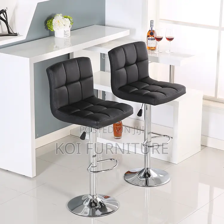 Bar Stool : Modern Black Bar Stools -Quilted Synthetic Leather Seats