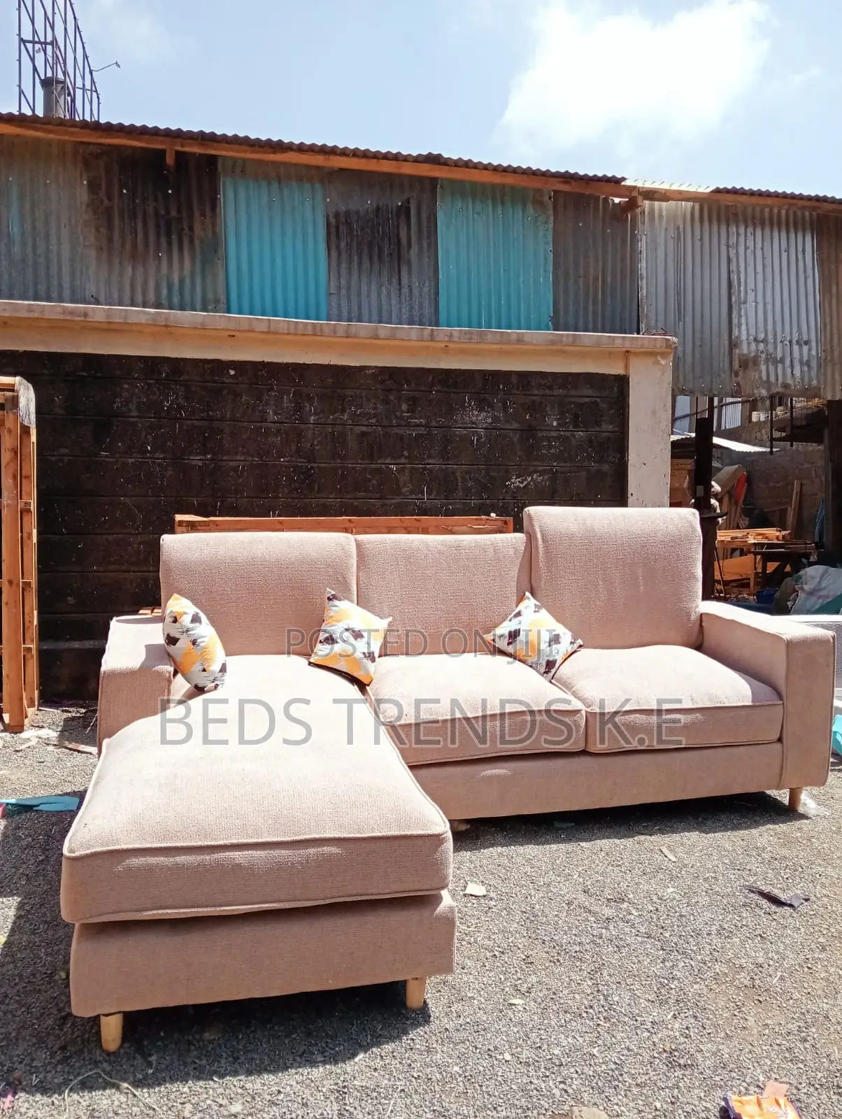 Beige L-Shaped Sectional Sofa With Chaise Decorative Pillows