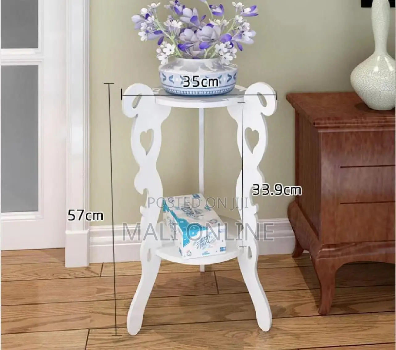 White Decor Side Table 2 Tier 3 Leg Round 57cm Plant Stand for Living