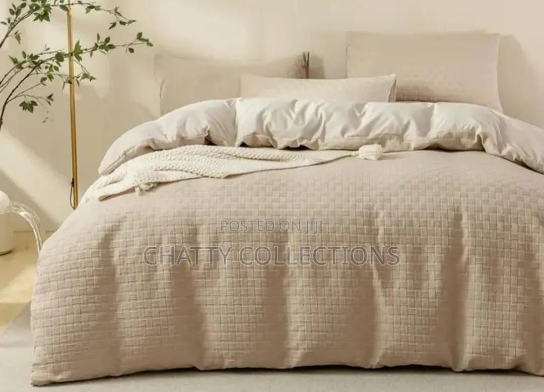 Beige 6 by 7 Waffle Weaving Poplin Luxury Soft Cotton Duvet Cover Set