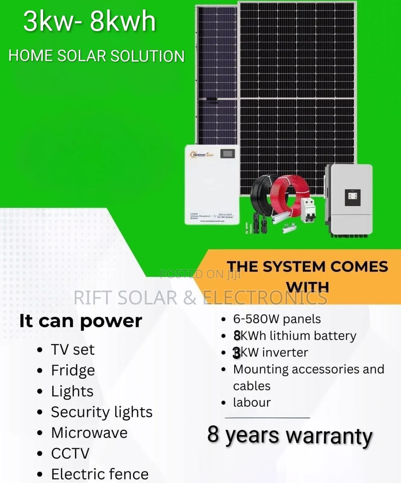 3kw Inverter - 8kwh Lithium Battery - (6)580w Solar Panels Full Kit