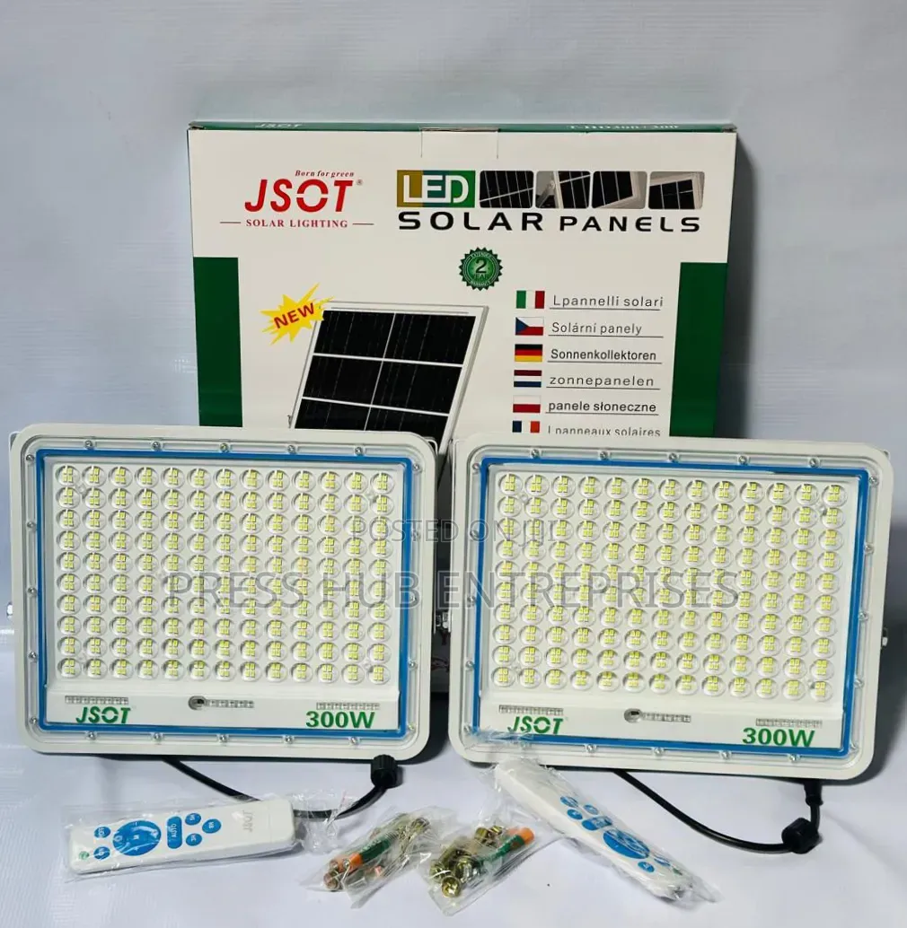 Jsot 300w Solar Floodlight Kit Features Two Lamps, Solar Panels