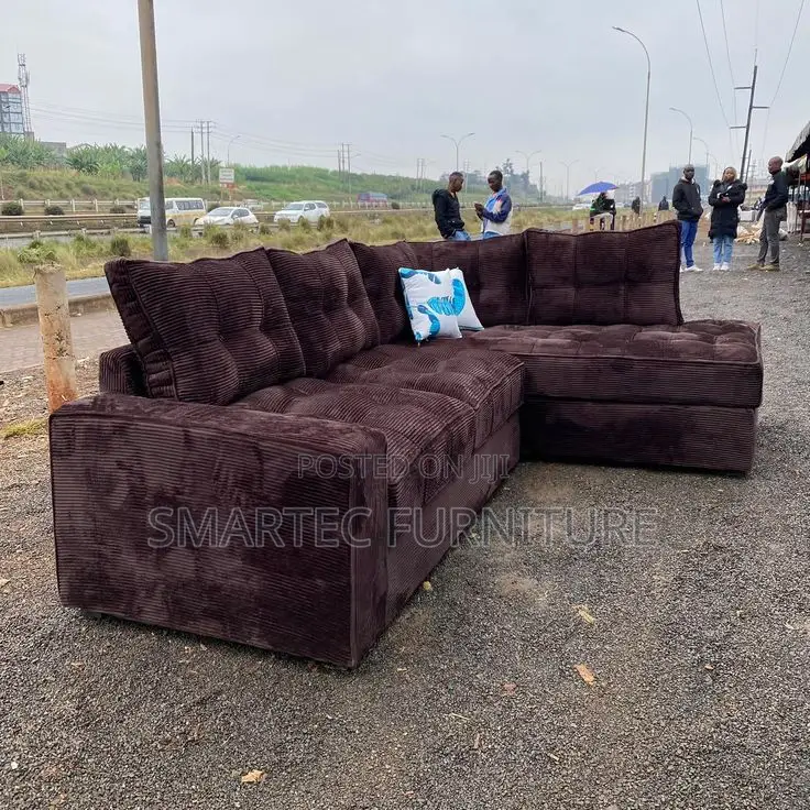 6 Seater Dark Brown L-Shaped Corduroy Sofa Set.