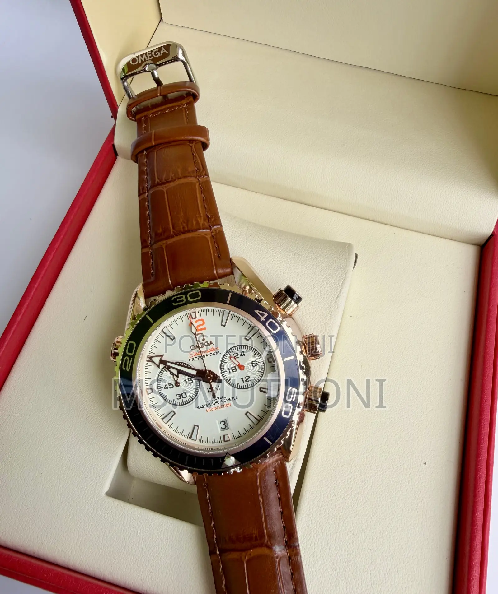 Omega Seamaster Chronograph Watch With Rotating Bezel, Leather Strap