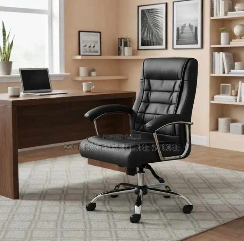 Office Chair :High Executive Office Leather Chair-Chrome Steel Accents