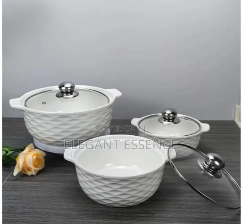 Set of 3 White Soup Pots Casseroles With Lids