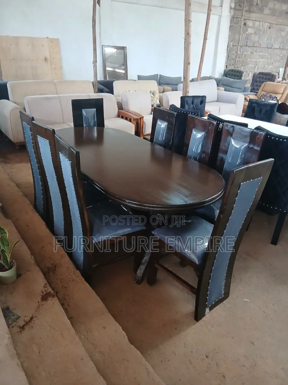 Dark Wooden Oval Dining Set – 8 High-Back Chairs Included