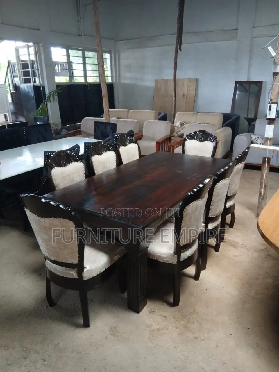 Dark Wooden Dining Table Set – 8 Upholstered Chairs Included