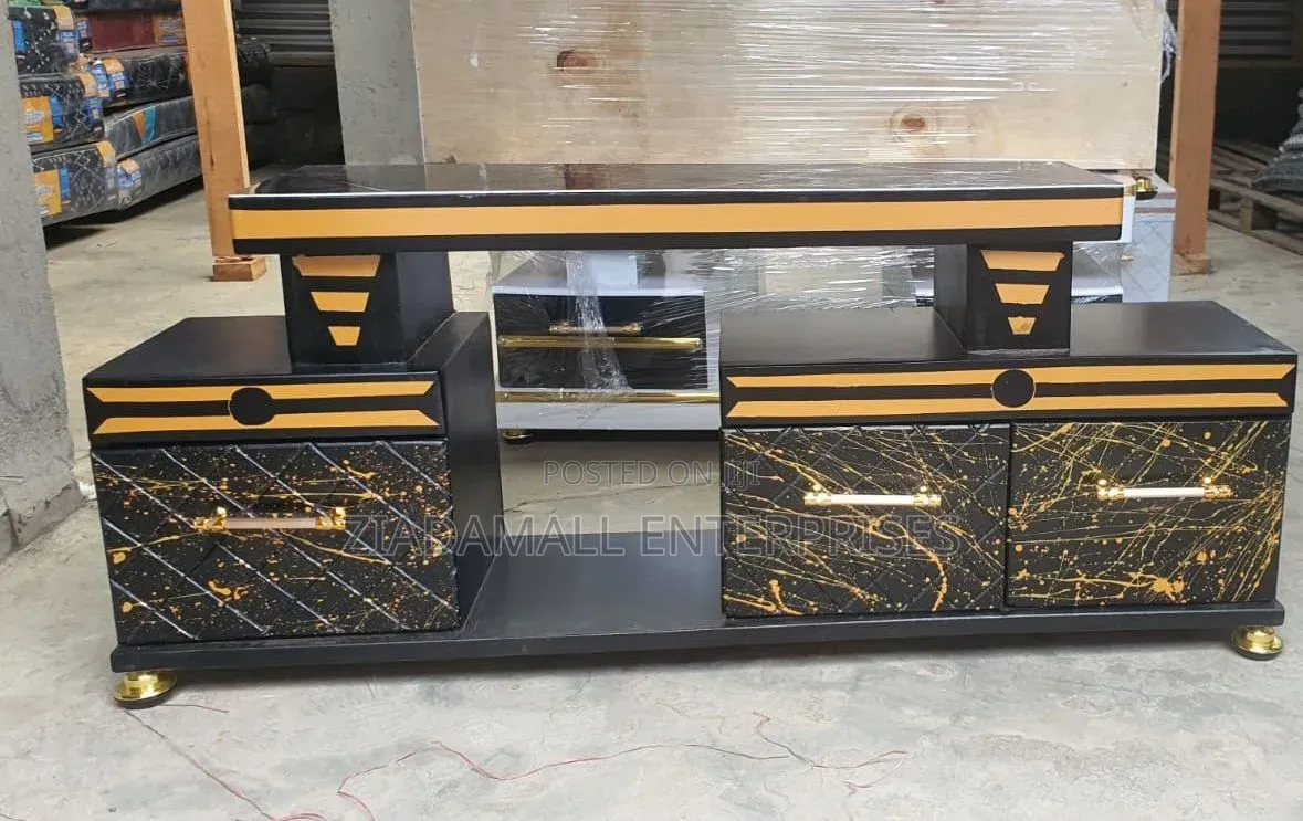 Modern Executive Black Tv Stand With Marble Finish Ambient Lighting