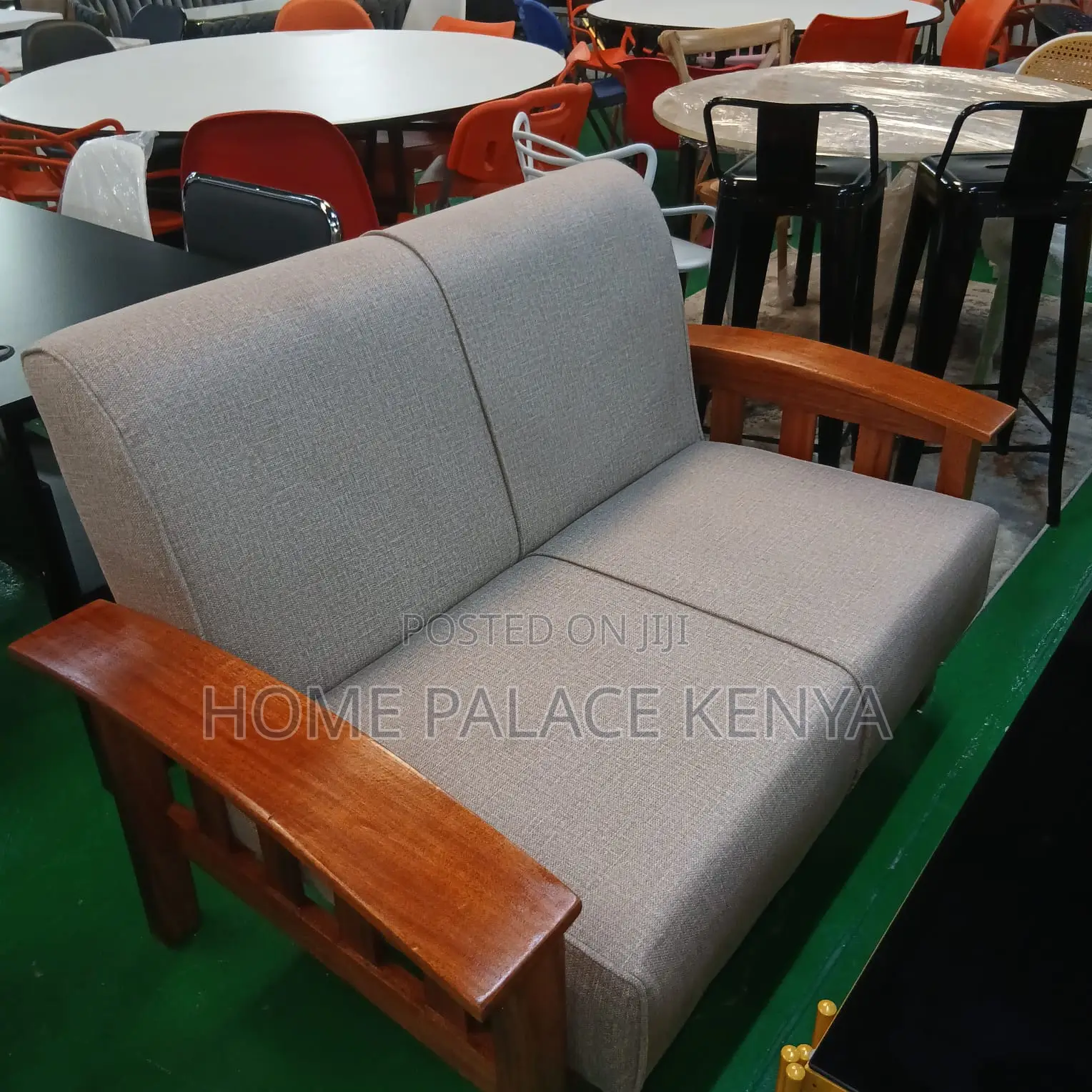 Home Sofa: 2 Seater Natural Teak Wood Fabric Sofa