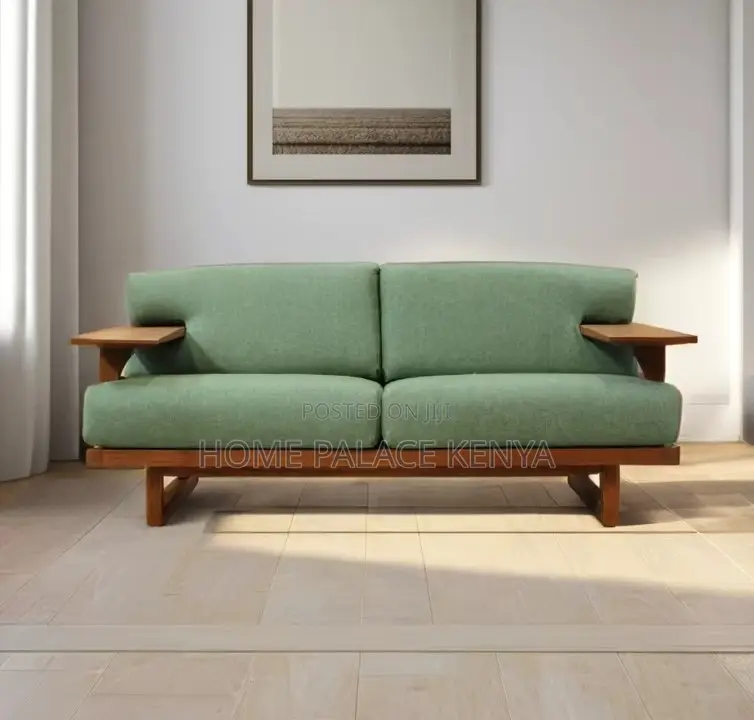 Home Sofa: 2 Seater Natural Teak Wood Fabric Sofa