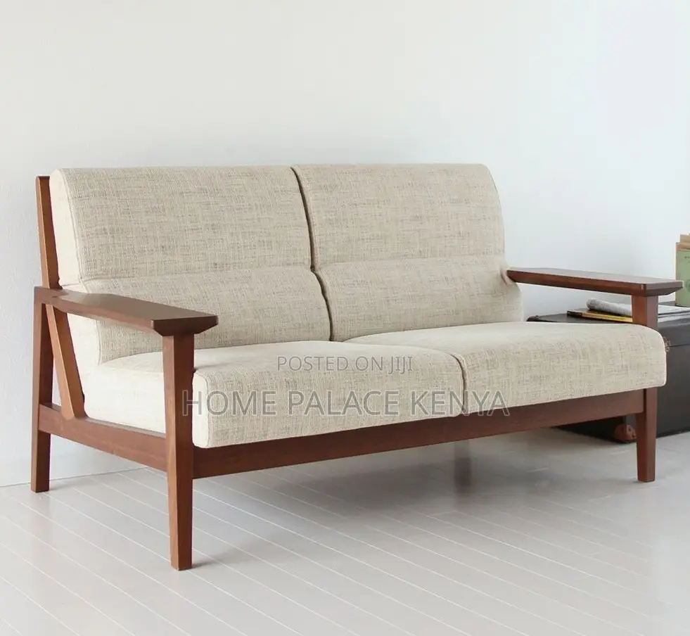 Home Sofa: 2 Seater Natural Teak Wood Fabric Sofa