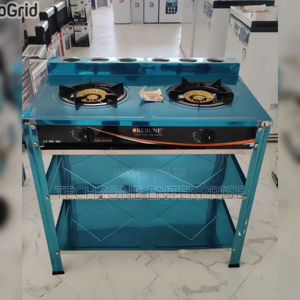 Rebune Double Burner Standing Gas Stove With Storage Shelves 