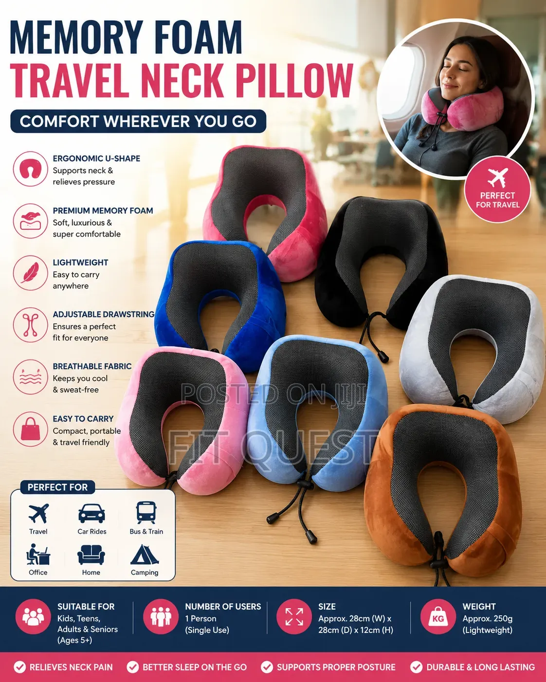 Generic Memory Foam Travel Neck Pillow Soft Head Support
