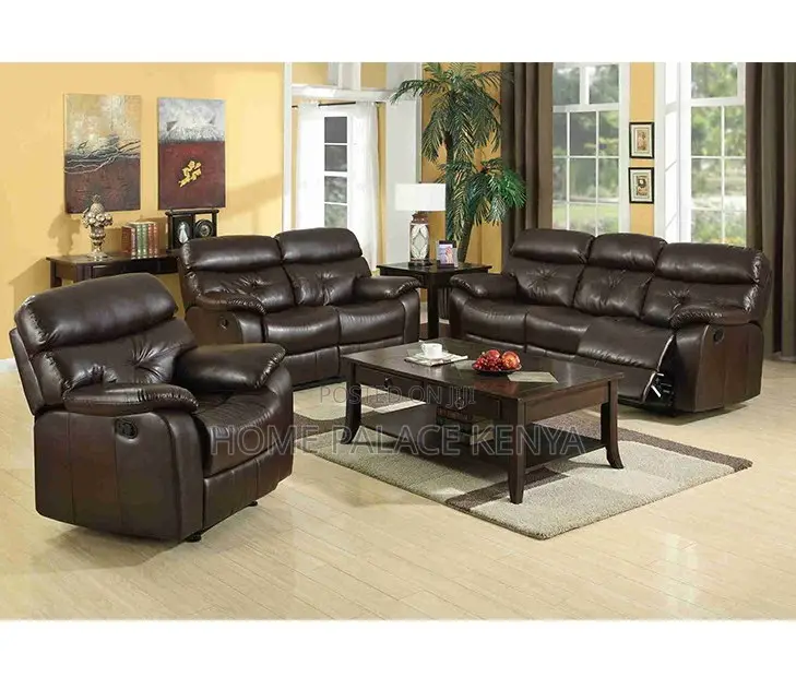 Recliner Sofa: 6 Seater Brown Leather Reclining Sofa Set