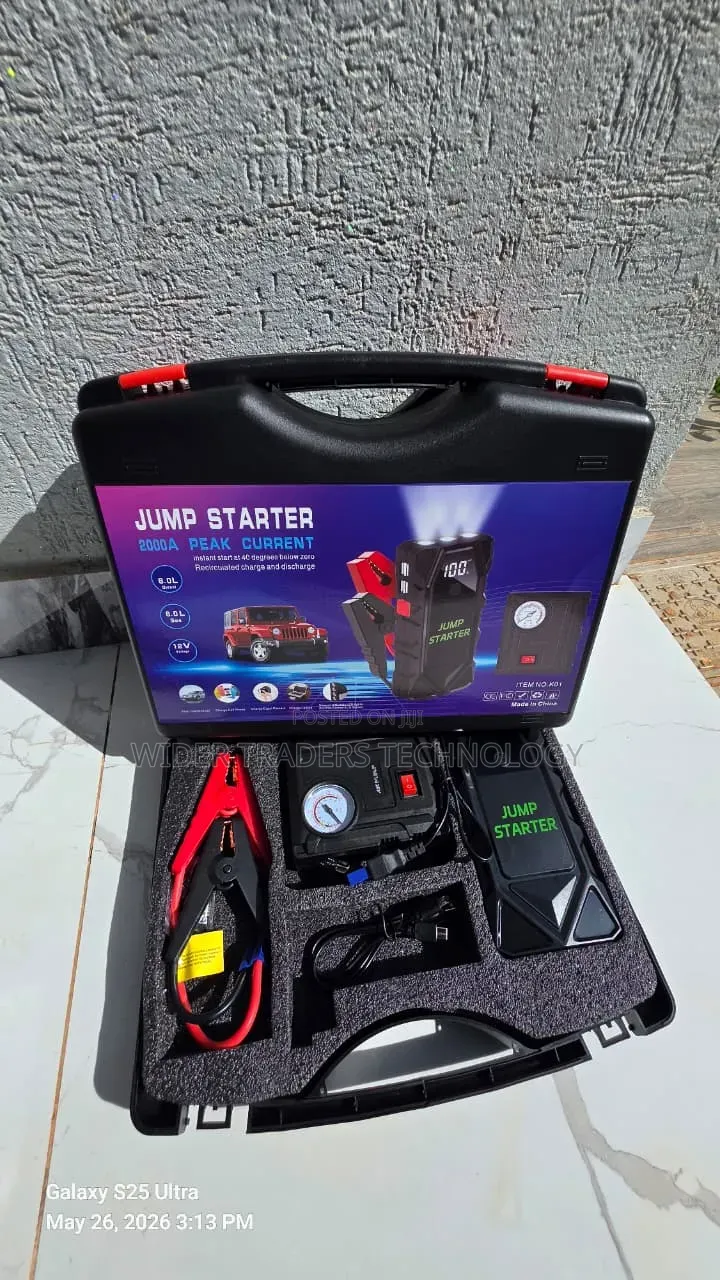 Portable 12v Jump Starter Kit With a Built-in Air Compressor