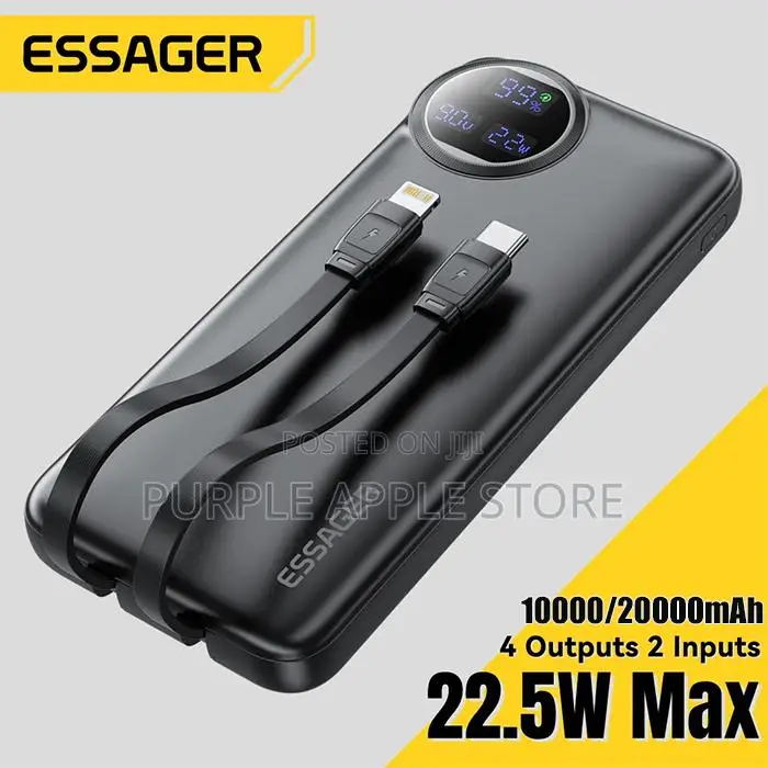 Essager 22.5w Digital Portable Power Bank 10000mah With Built-in Cable