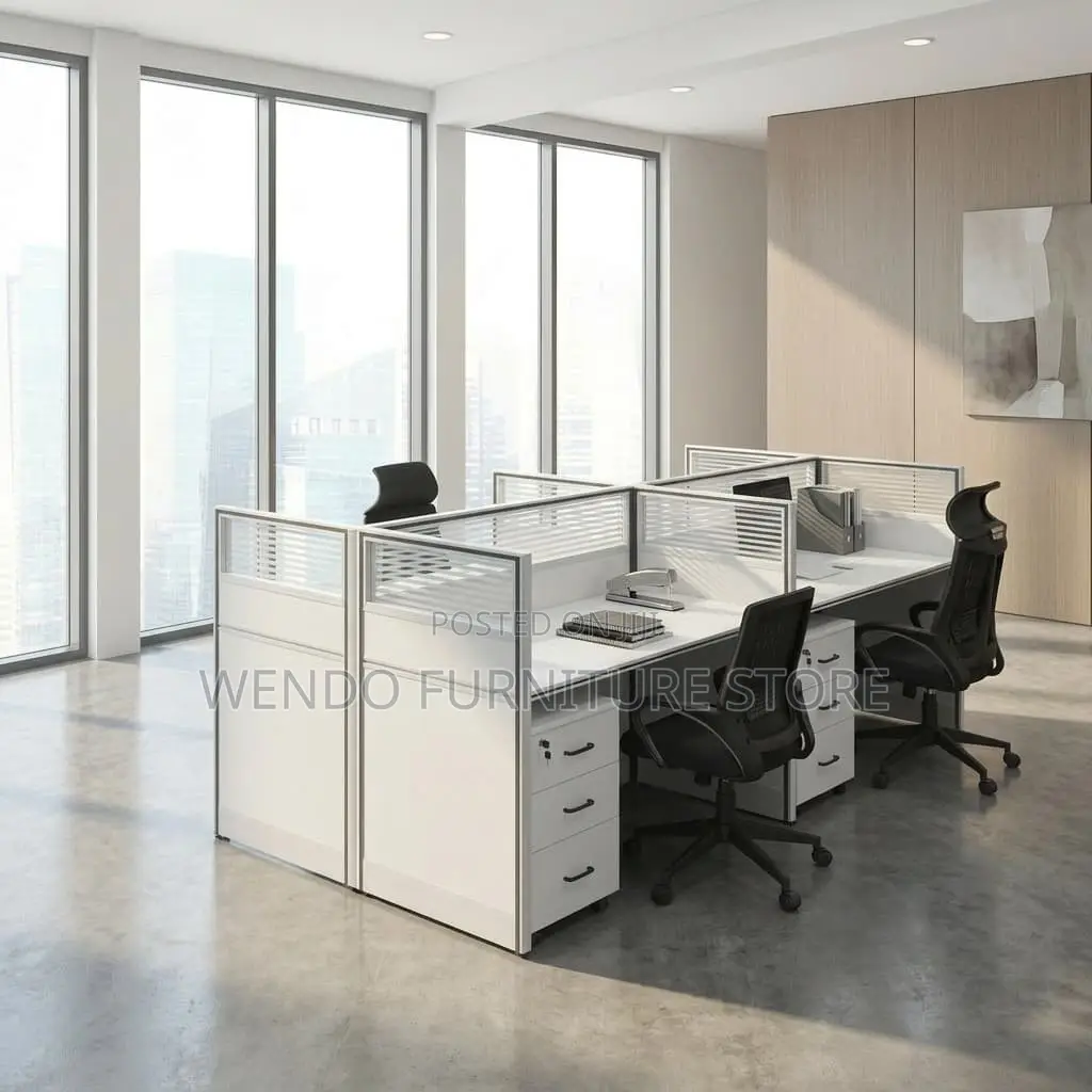 Office Desk : White 4-Person Office Workstation With Partition Panels,