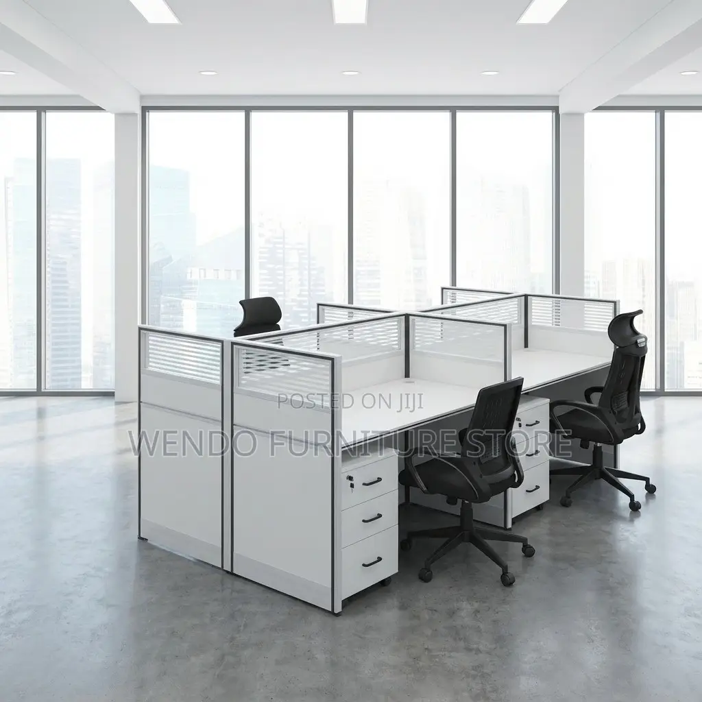 Office Desk : White 4-Person Office Workstation With Partition Panels,