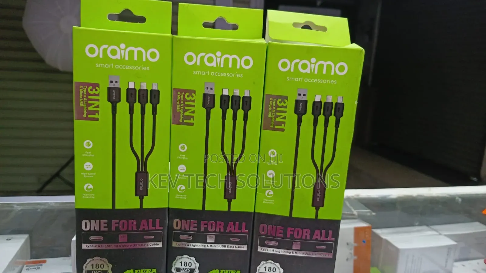 3 in 1 Fast Charging Oraimo Cable. ( Type C, Normal and iPhone Cable)