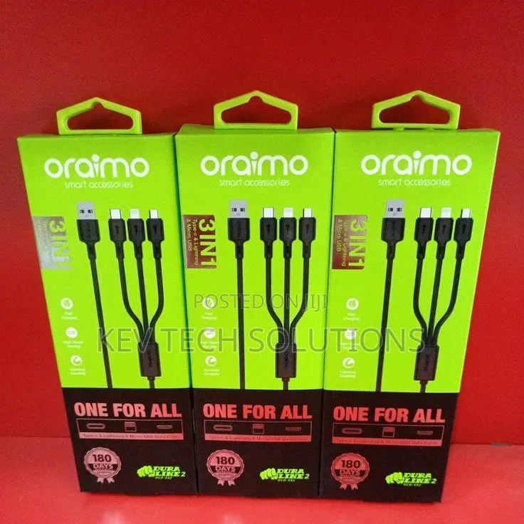 3 in 1 Fast Charging Oraimo Cable. ( Type C, Normal and iPhone Cable)