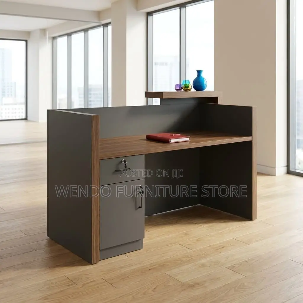 Office Desk : Modern Charcoal Grey and Walnut Reception Desk,