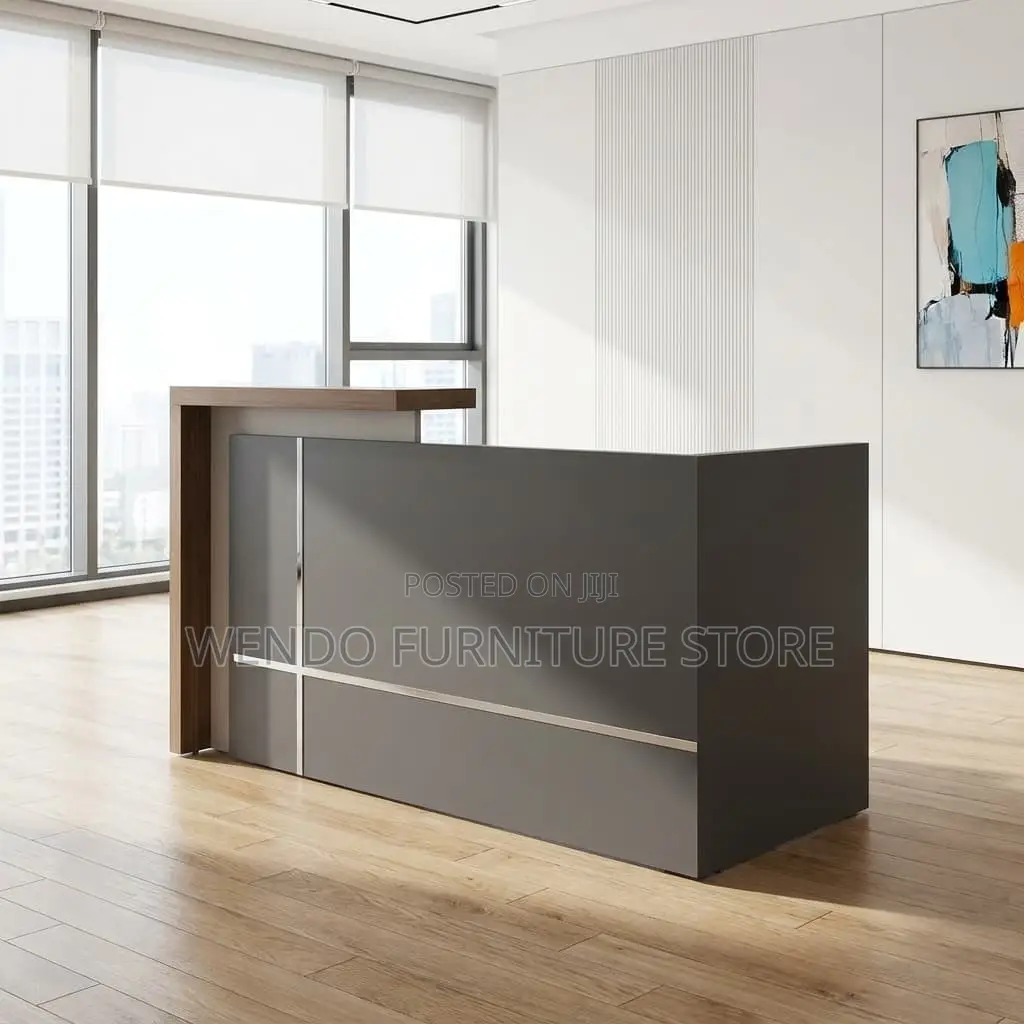 Office Desk : Modern Charcoal Grey and Walnut Reception Desk,