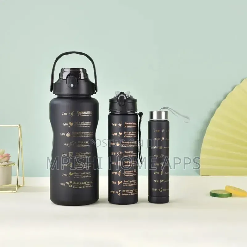 3pcs Water Bottle With Two Straws-Black Matte