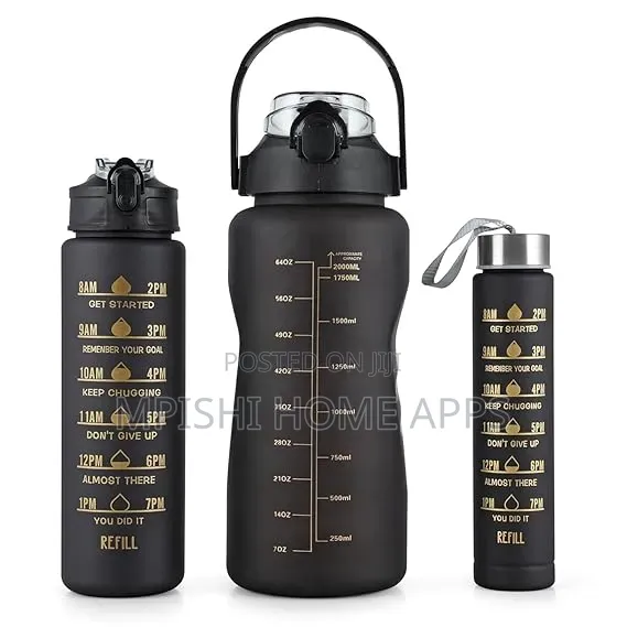 3pcs Water Bottle With Two Straws-Black Matte
