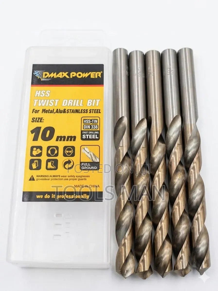 10mm HSS Titanium Twist Drill Bits for Stainless Steel - 5 Pack.