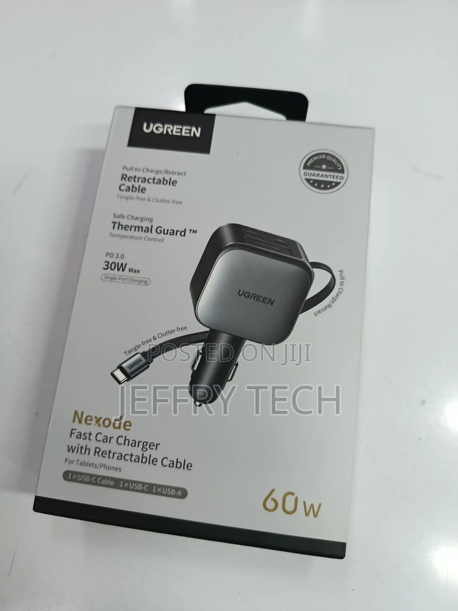 Ugreen Retractable Car Charger 60w With Built-in 30w Usb C Cable 70cm,