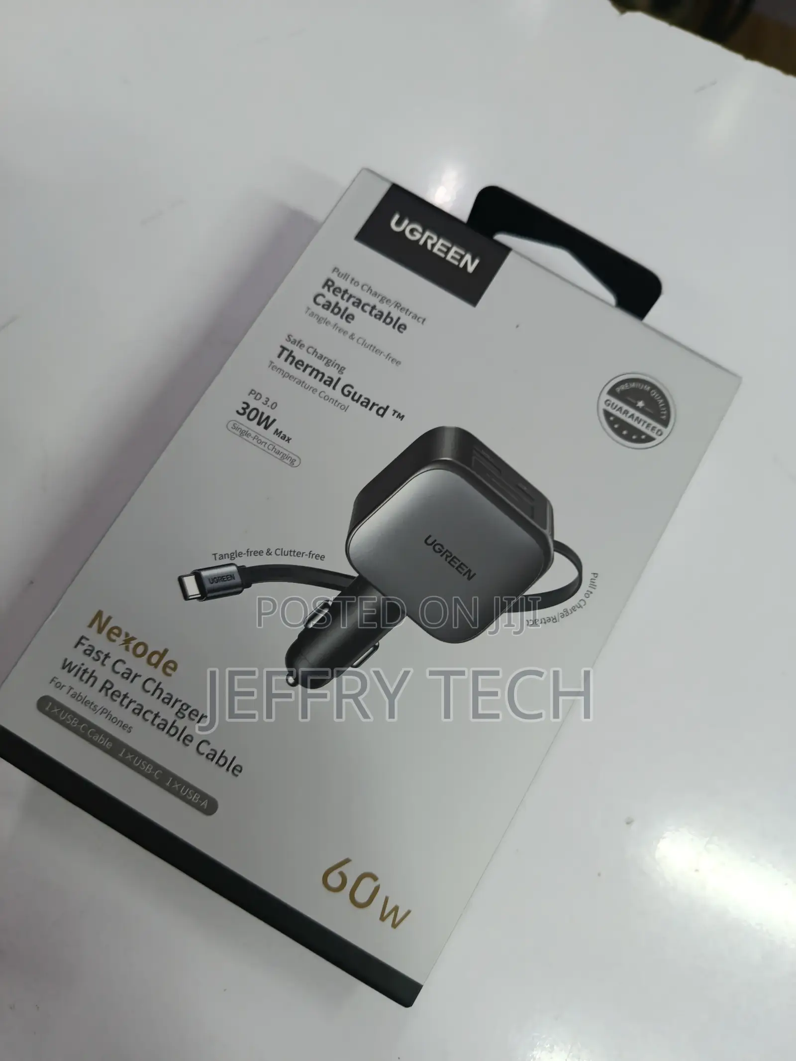 Ugreen Retractable Car Charger 60w With Built-in 30w Usb C Cable 70cm,