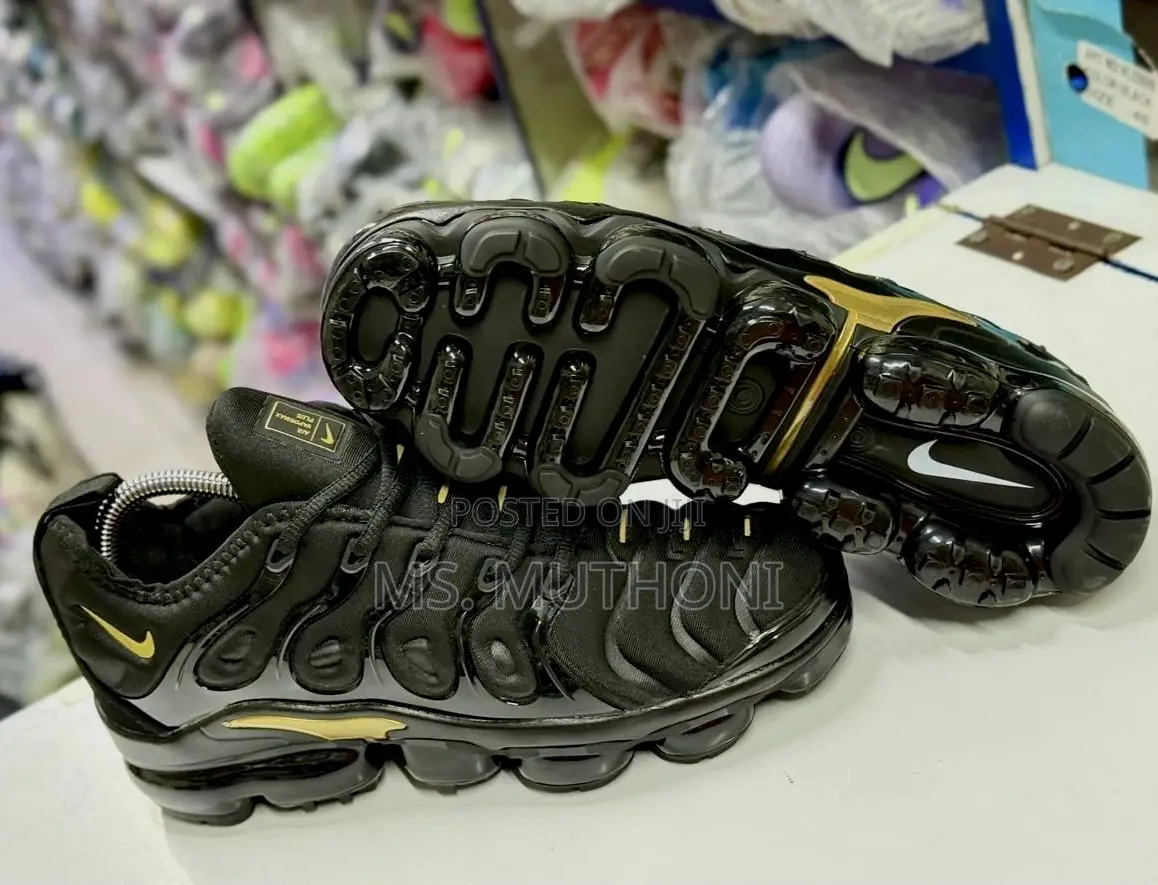 Unisex Black and Gold Nike Air Vapormax Plus Running Shoes