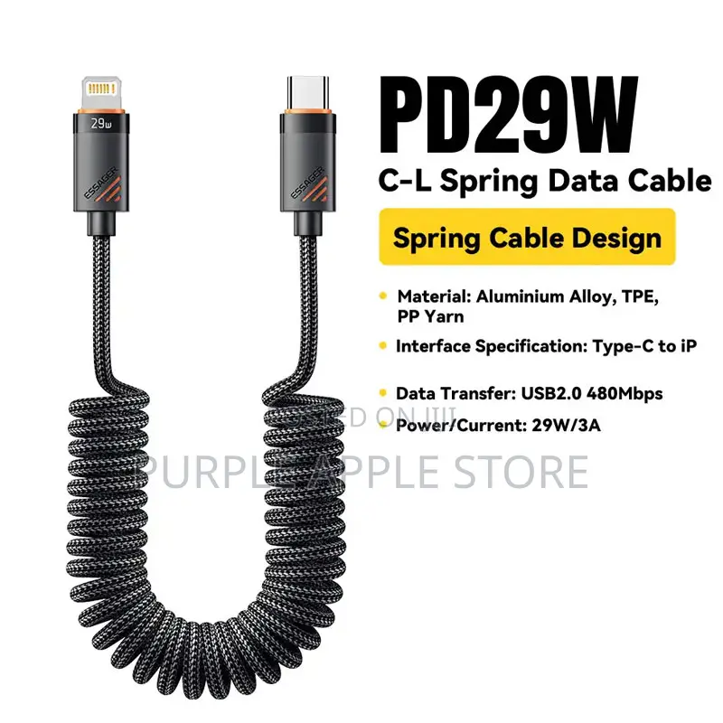 Essager 29w Type-C to Lightning Spring Cable 1.8m Fast Charge