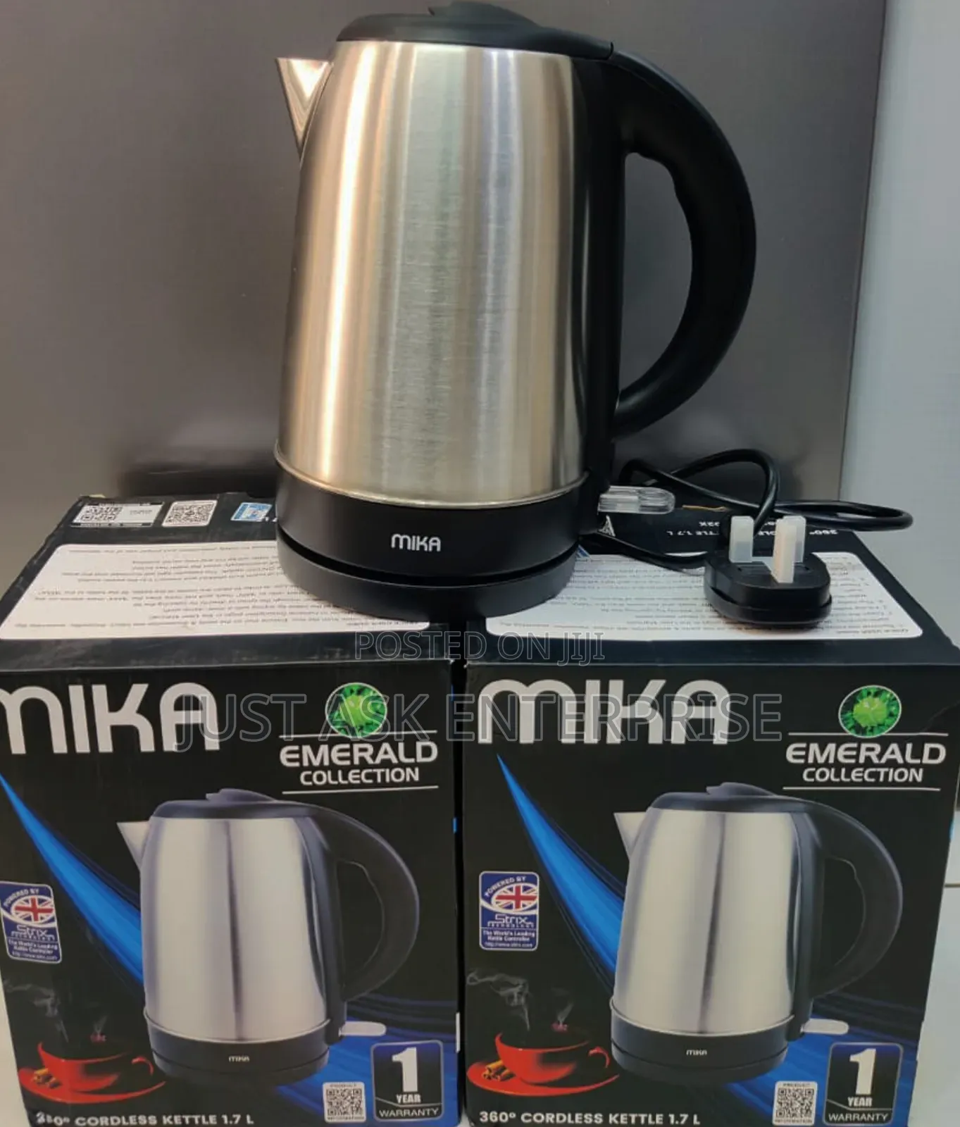 Mika Kettle - 1.7l, Stainless Steel, 360o Cordless, Concealed Element